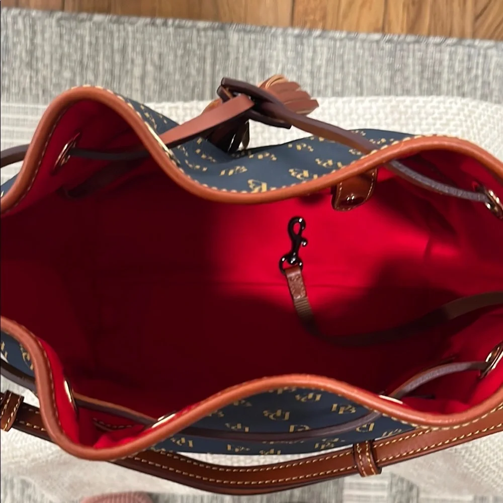 Dooney & Bourke Navy and Brown Drawstring Bucket Shoulder Bag - Picture 7 of 10